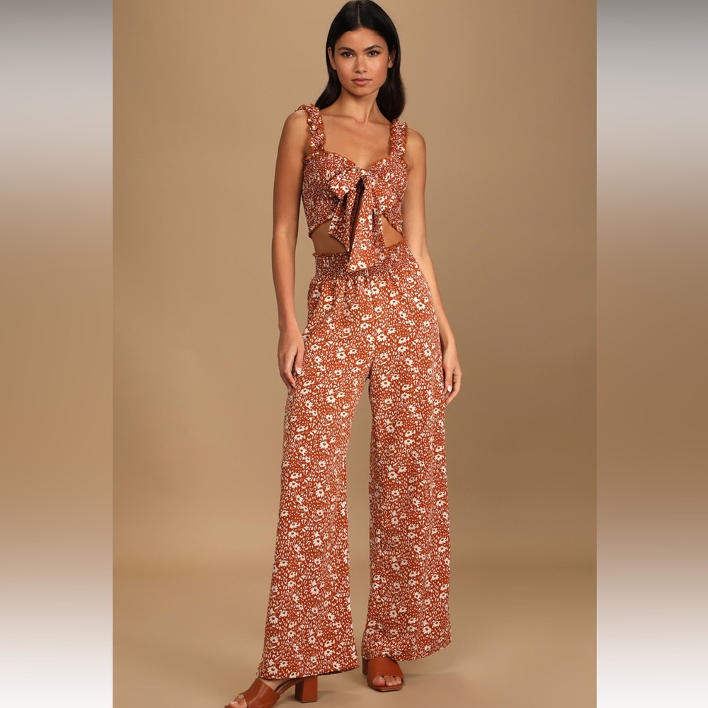 Beneath the Sun Brown Floral Print Two-Piece Wide-Leg Jumpsuit size Small